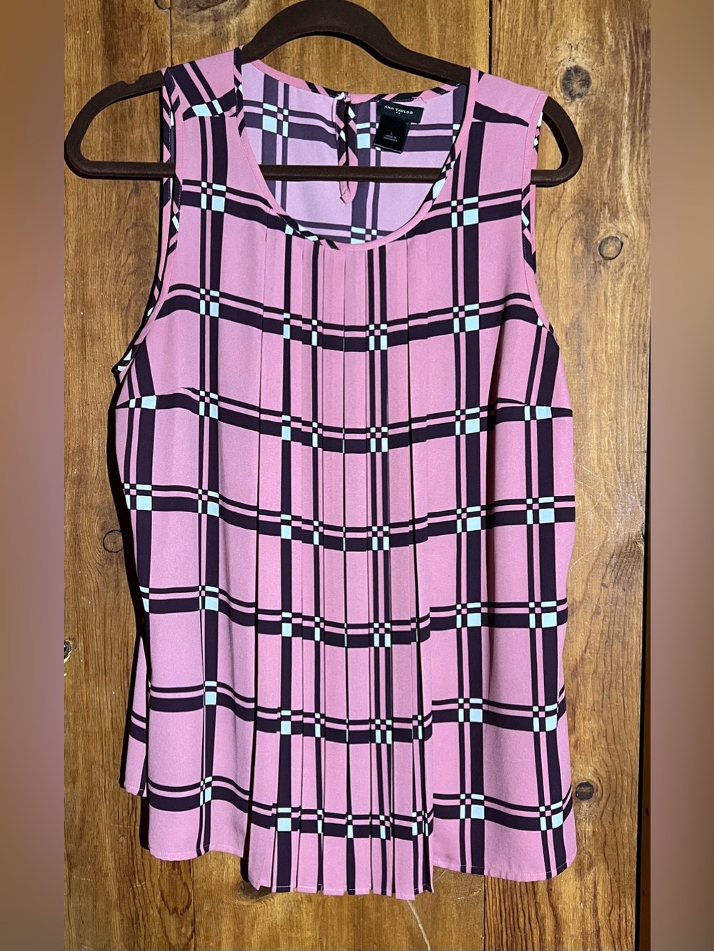 Ann Taylor Pink Plaid Sleeveless Pleated Top